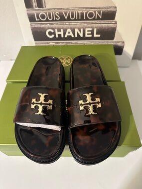 Tory Burch women’s 's Tortoiseshell Slide Sandals with Gold Logo